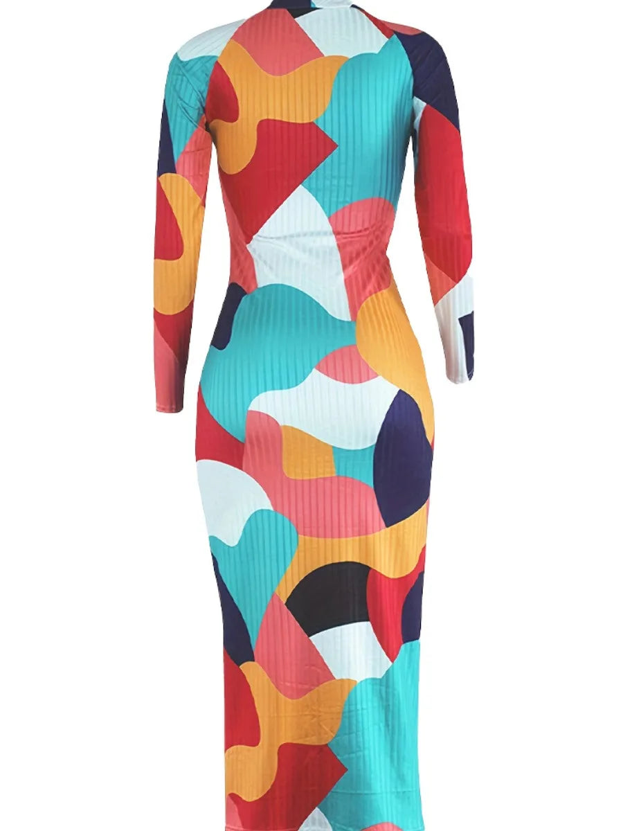 Abstract Geometric Patchwork Ribbed Bodycon Cold Shoulder V-Neck Long Sleeve Dress