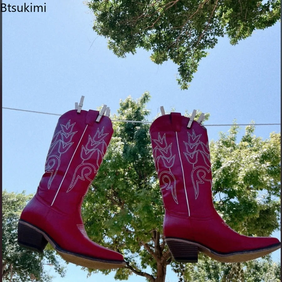 Embroidered Western Knee-High Women's Size Zipper Cowgirl Chunky Heel Platform Boots