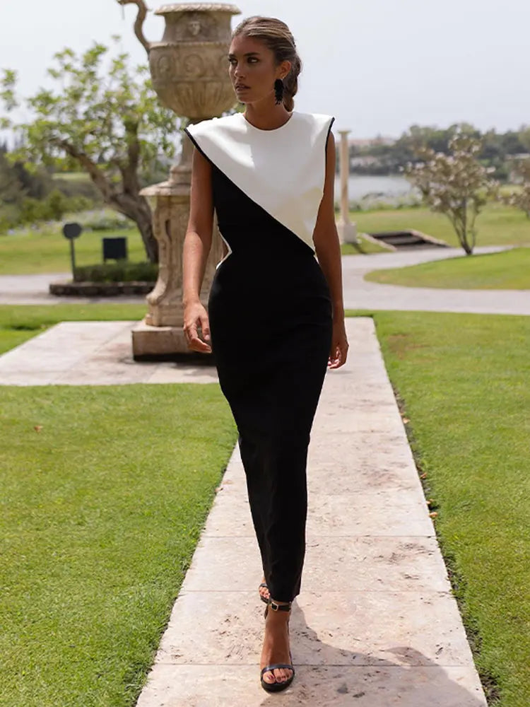 Colorblock Black/White Irregular Spliced O-Neck Sleeveless Bodycon Formal Party Dress