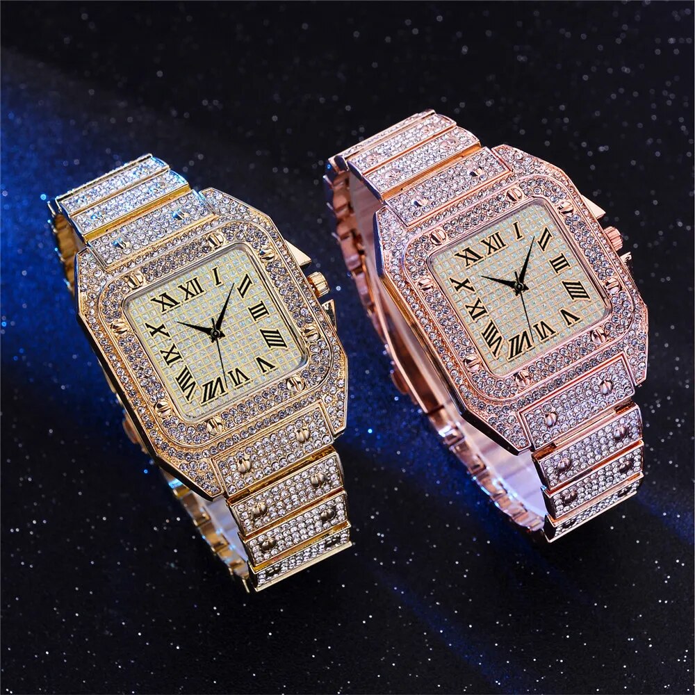 Iced Out Men's Luxury Diamond Square Roman Dial Quartz Watch