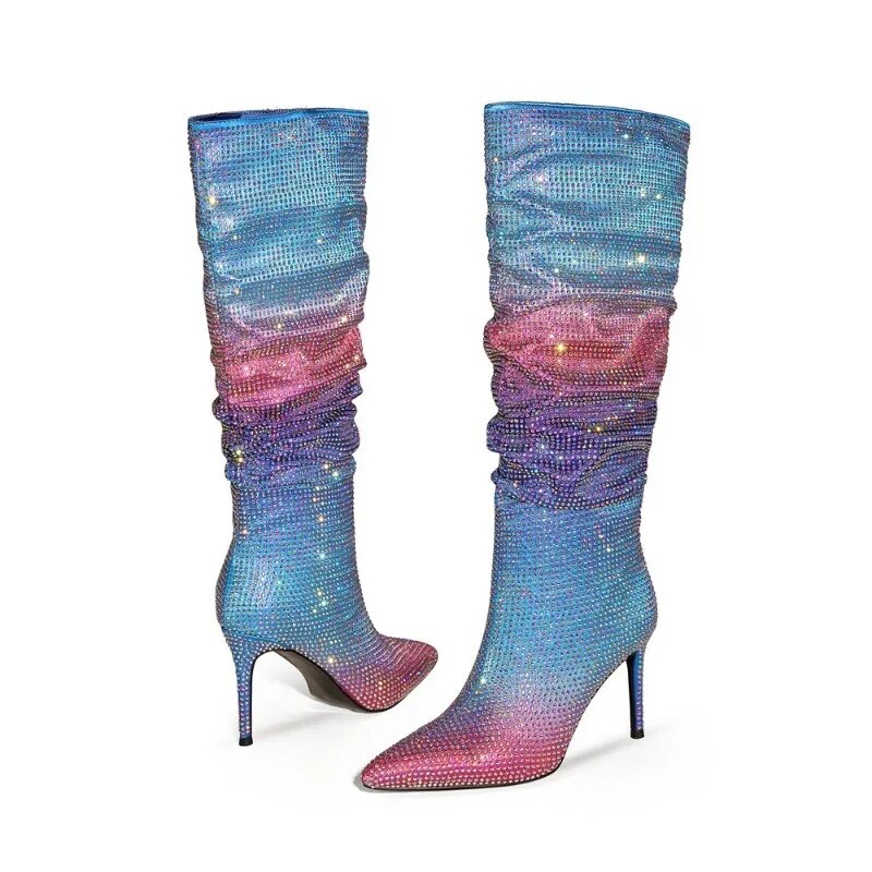 Glitter Rainbow Gradient Ombre Rhinestone Pleated Stacked Knee High Boots