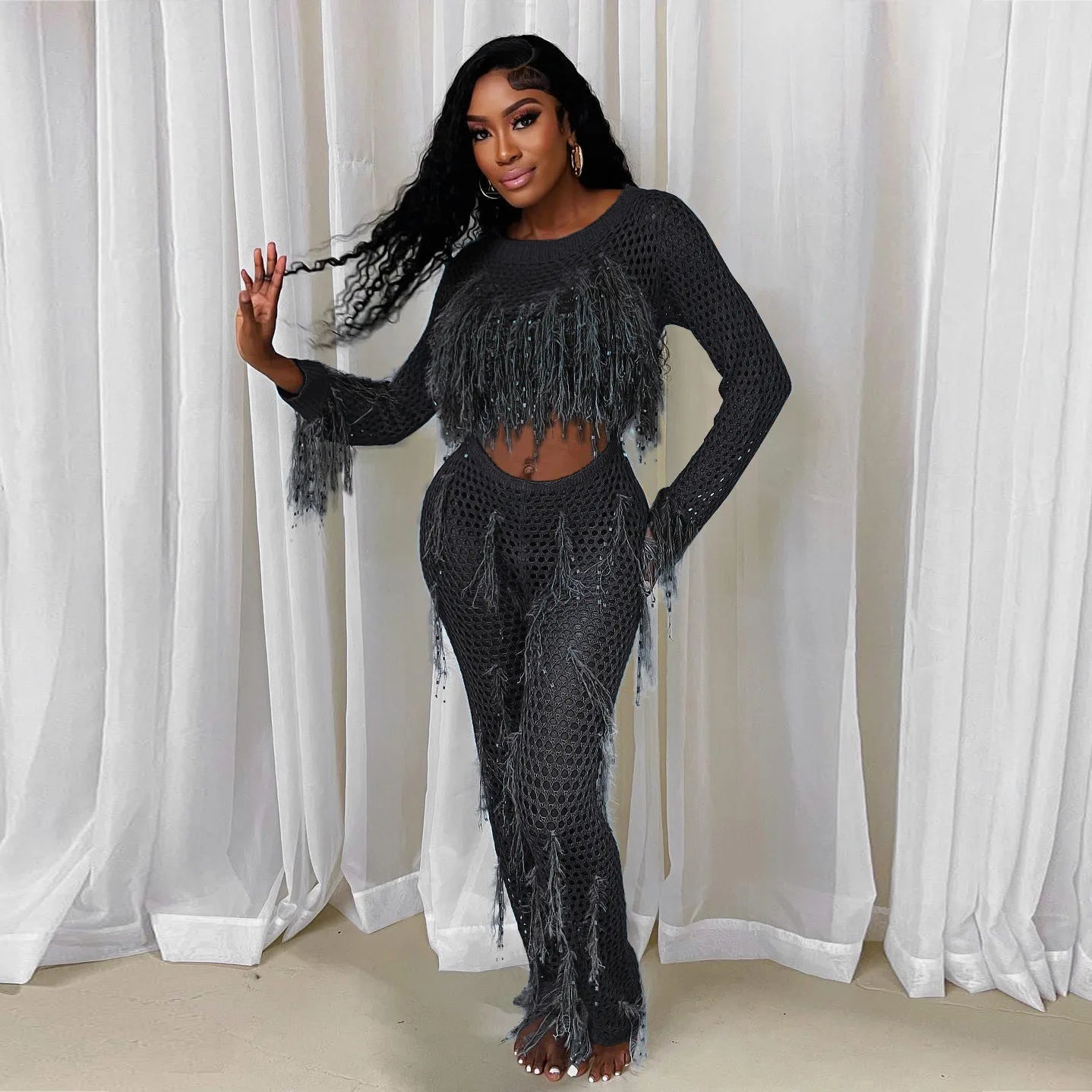 Tassel Design Long Sleeve Transparent Hollow-Out Crop Top + Fringe Leggings 2-Piece Set