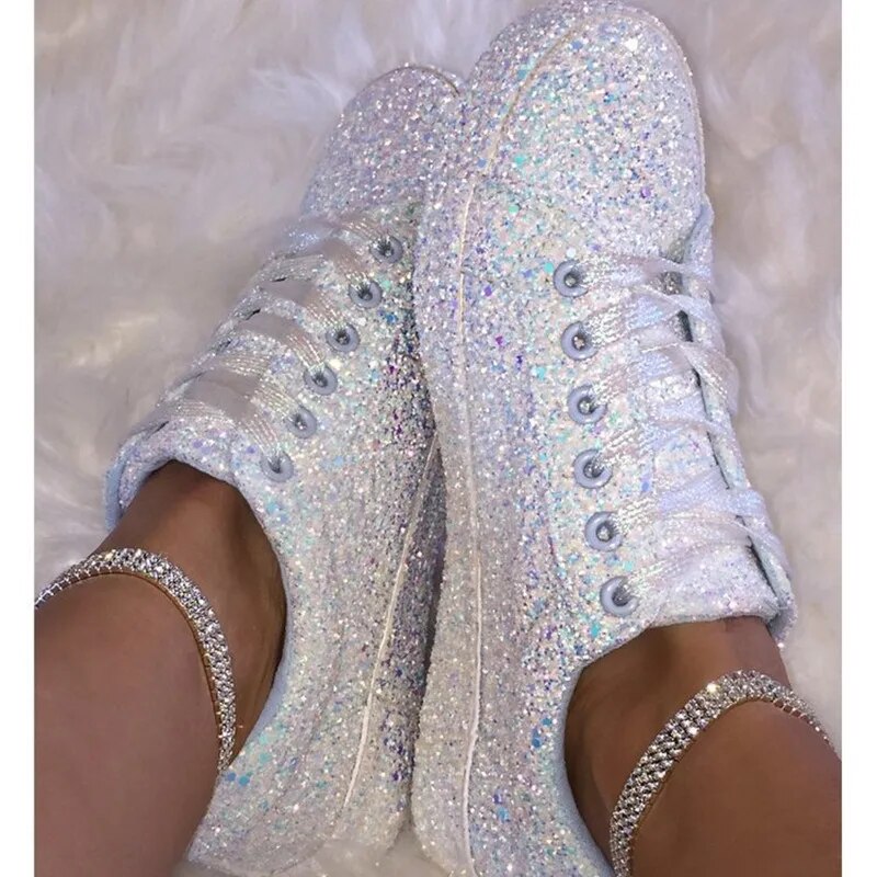 Glitter Lace Up Glitter Flat Vulcanized Ladies  Sneakers