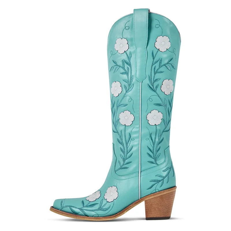 Western Flower Embroidered Women's Pointed Toe Side Zipper Chunky Heel Cowgirl Boots
