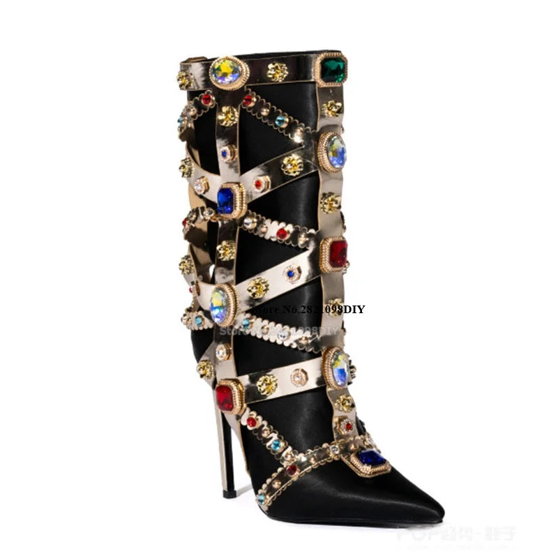 Satin Pointed Toe Gemstone Embellished Stiletto Heel Pointed Toe  Boots