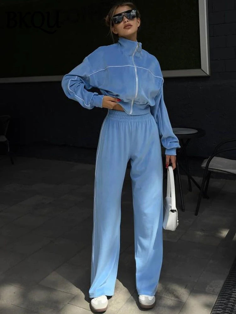 Velvet Solid Color Zipper Lapel Jacket + Wide Leg Sweatpants Women's Tracksuit
