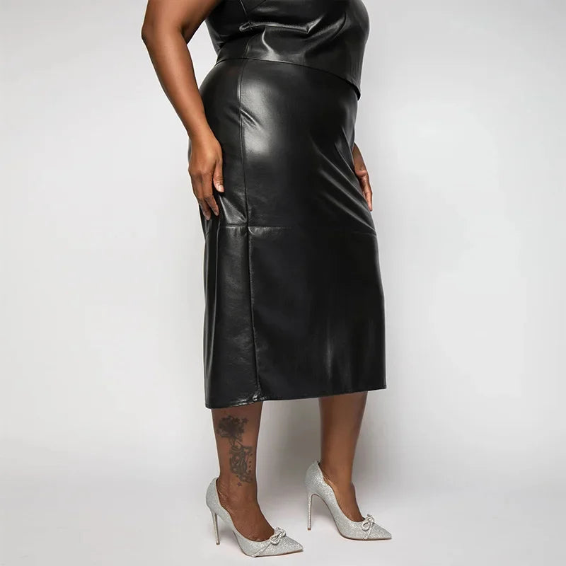 Black Faux Leather Women's Sleeveless Solid Vest + Skinny Maxi Skirt 2-Piece Set to 9X Plus Size