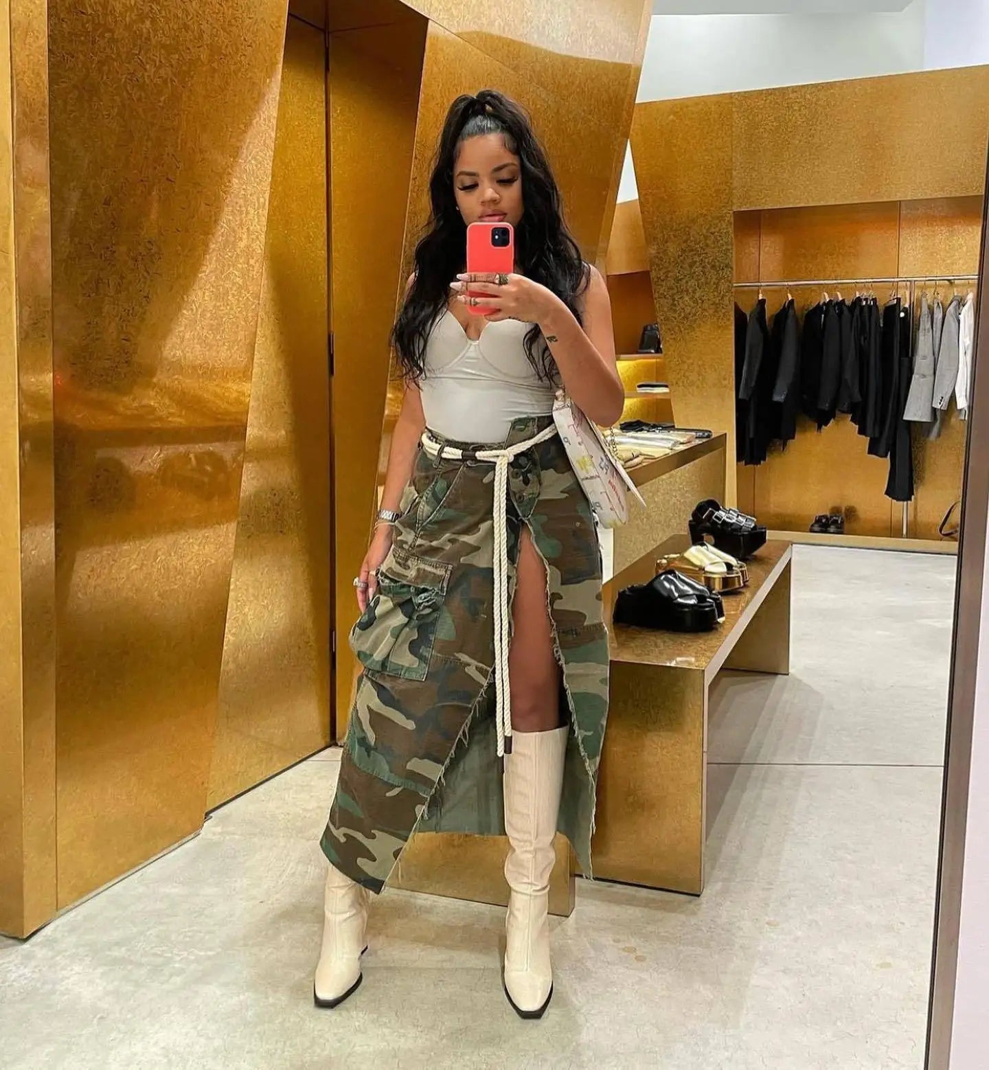 Camouflage High Slit Printed Cargo Pocket Maxi Skirt