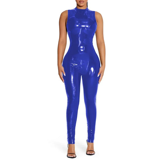 Shiny Solid Color Sleeveless PVC PU Leather Women's Pants Jumpsuit to 8X Plus Size