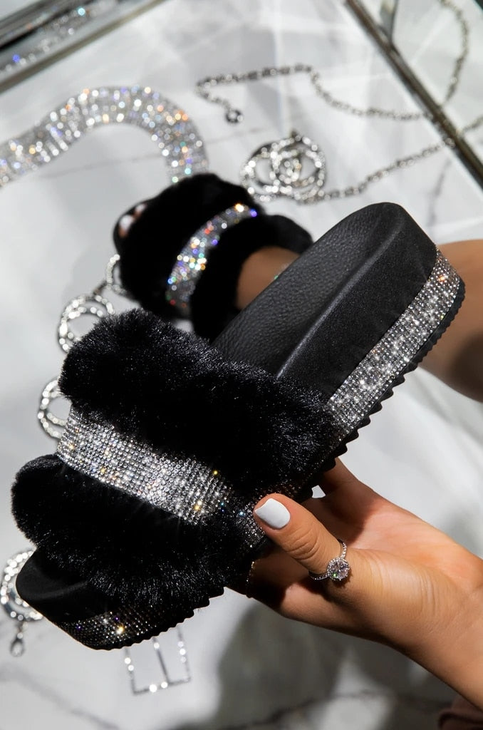 Furry Rhinestone Platform Slipper Slides