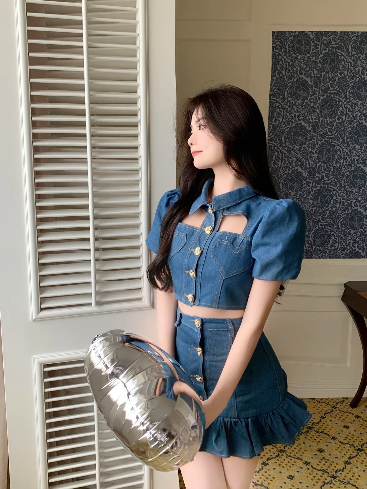 Denim Heart Design Button-Up Short Puff Sleeve Turn-Down Collar Crop Top + Ruffled Mermaid Mini Jean Skirt 2-Piece Set