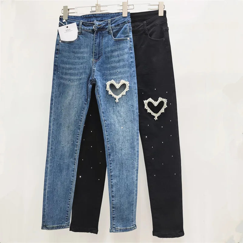 Pearl Diamond Cut-Out Heart Design Elastic Women's Ankle-Length Skinny Jeans