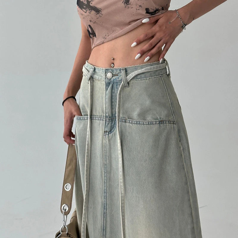 Denim Faded Distressed Women's High Slit Vintage Lace-Up Low Waist Streetwear Maxi Jean Skirt