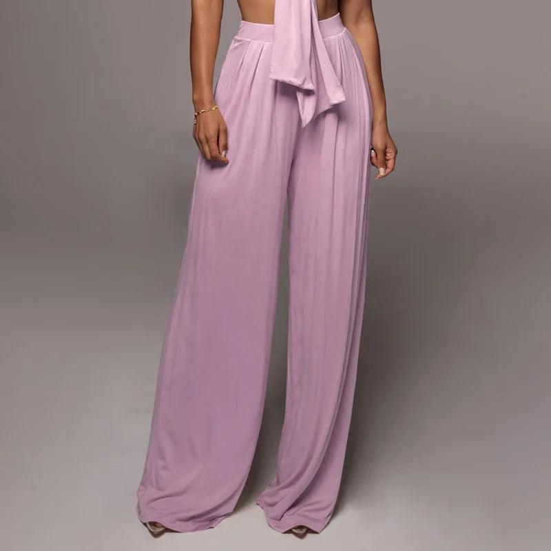 Sleeveless Bowknot Design Tube Top+ Wide Leg Pants Women's Solid Color 2-Piece Set