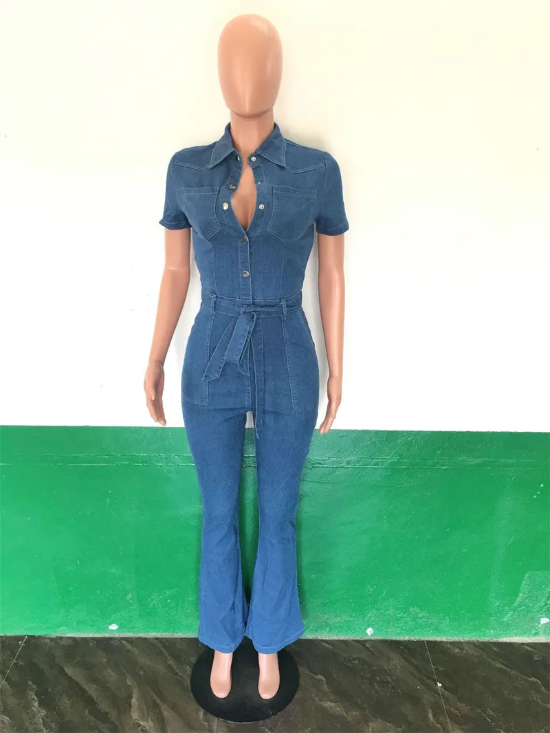 Vintage Denim Short Sleeve Button Up Boot Cut Flared Pant Overall Jumpsuit