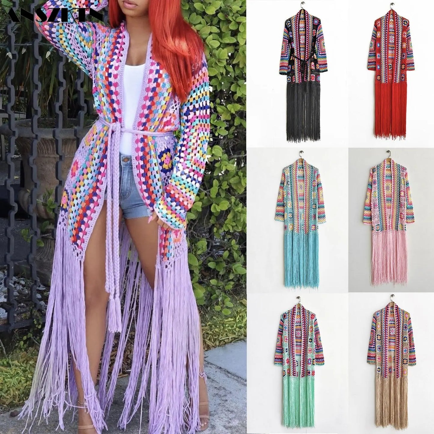 ANSZKTN Women Fashion Clothing Crochet Knitted Maxi Fringe Coats Jacket Casual Sweater Ladies Tassel Woman Long Cardigan