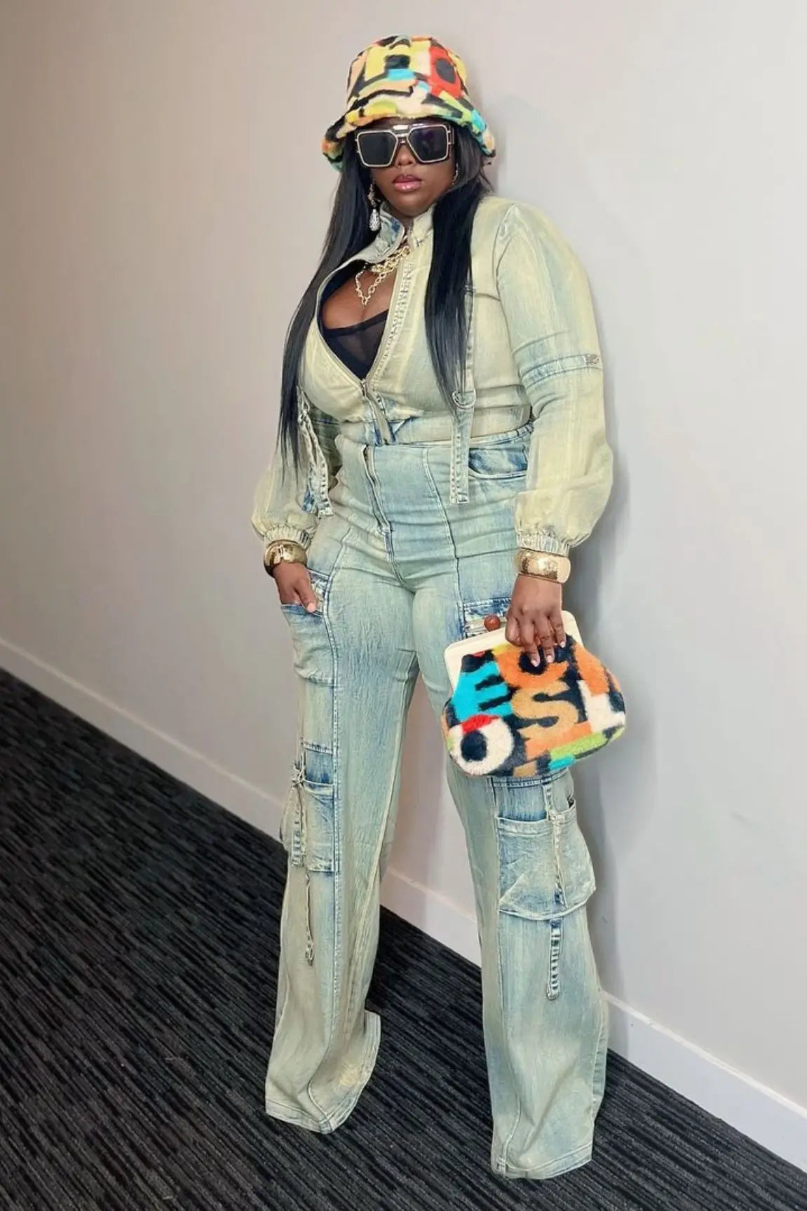 Stretch Faded Denim Women's Long Sleeve Zipper Jean Jacket + Cargo Multi-Pocket Straight Denim Jeans 2-Piece Set