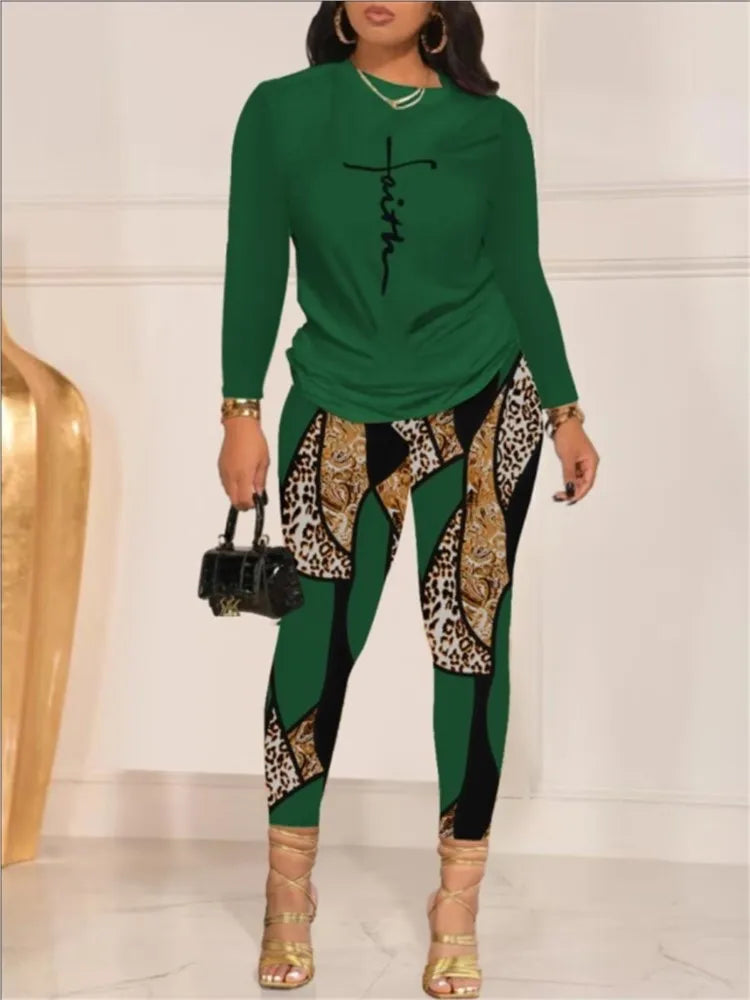 "Faith" Geometric Leopard Colorblock Print Long Sleeve Top & Pencil Pants Skinny 2-Piece Set