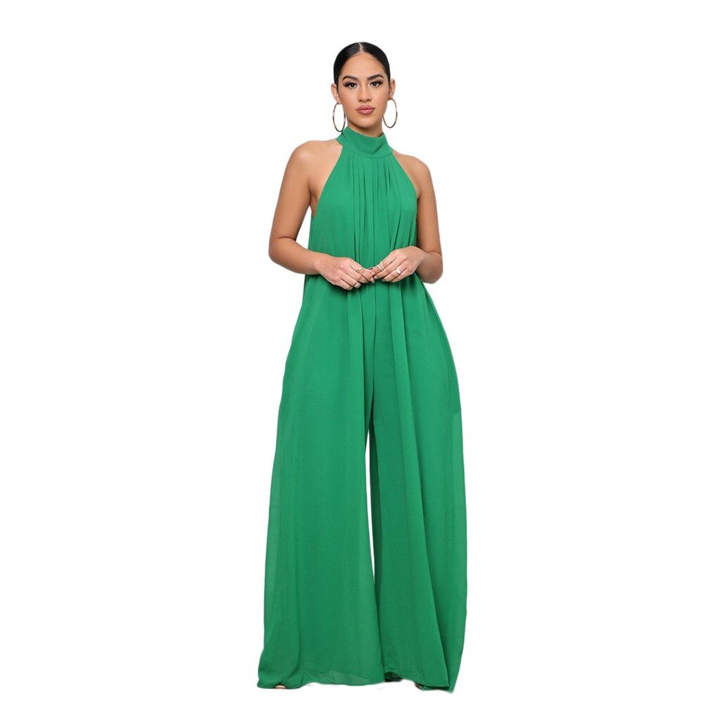 Wide Leg Sleeveless High Neck Solid Color Chiffon Loose Temperament Jumpsuit