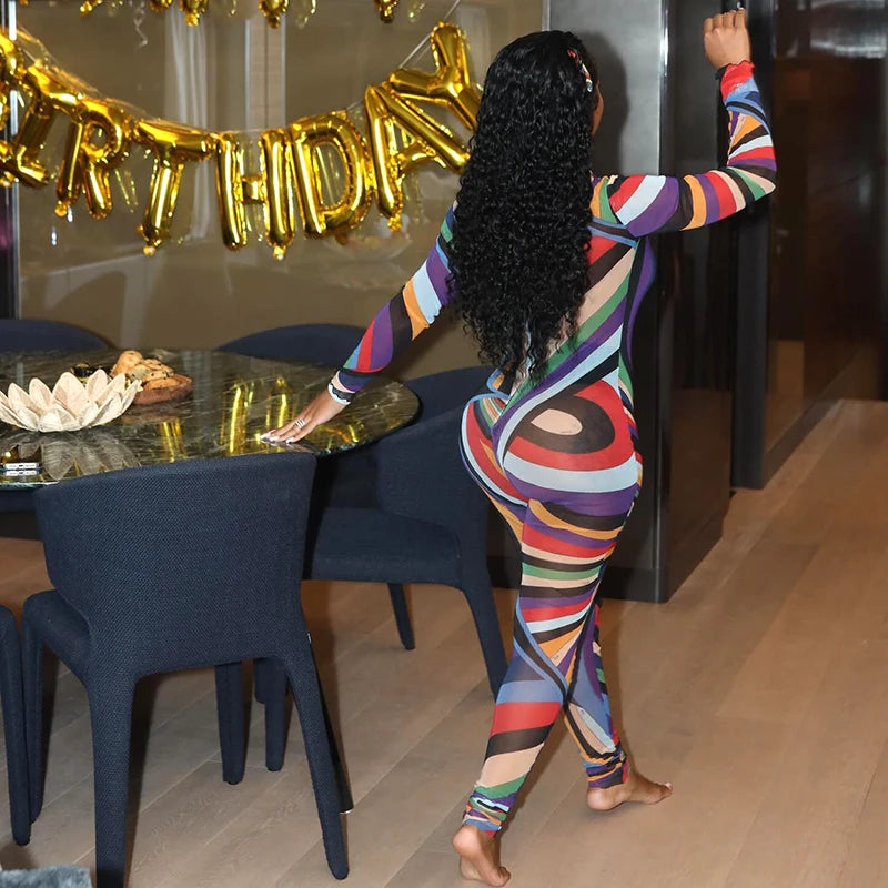 Rainbow Striped Colorblock Back Zipper Design Half-High Collar Skinny Jumpsuit