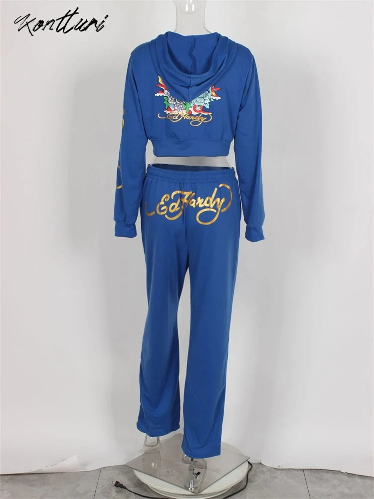 "Ed Hardy" Print Crop Zipper Hoodie Jacket + Drawstring Sweatpants Women's Tracksuit