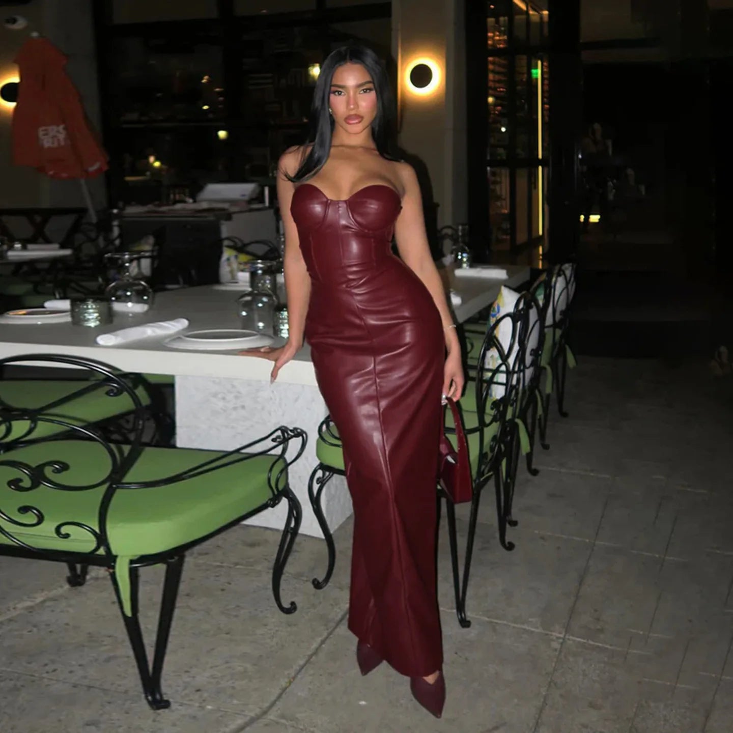 Burgundy Sleeveless PU Leather Bustier Corset Top Strapless Tube Formal Maxi Dress