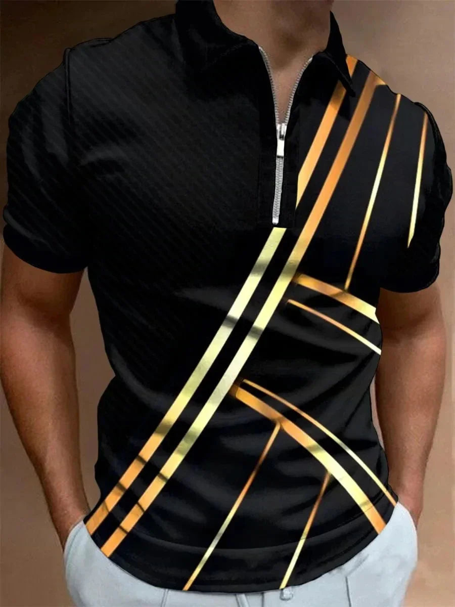 Men's Striped Swirl 3D Print Designer Streetwear Short Sleeve Zipper Polo Shirts