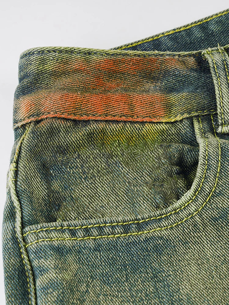 Green Denim Washed Gradient Tie-Dye Retro Ladies Cargo Jeans