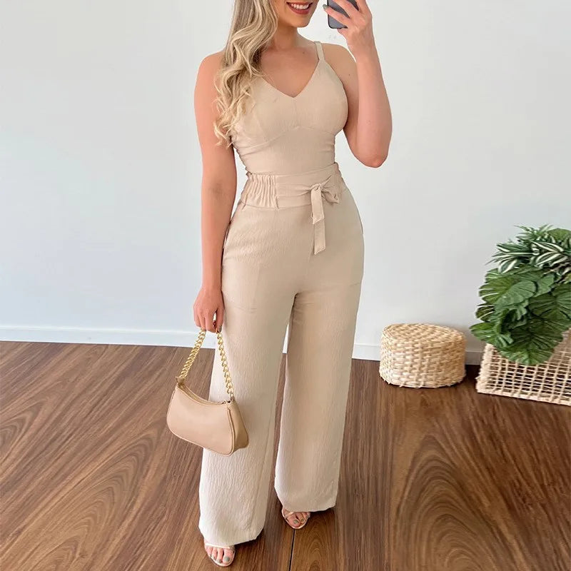 Sleeveless Solid V-Neck Short Vest + Tie Waist Patch Pocket Women's Pants Suit