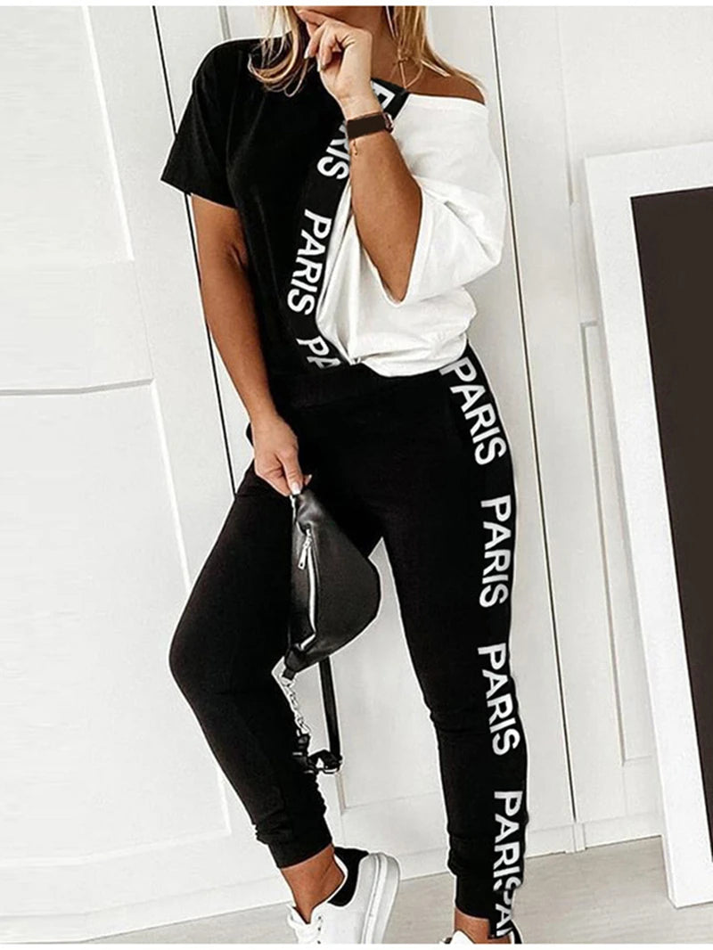 "PARIS" Off Shoulder Letter Print Colorblock T-Shirt + Sweatpants 2-Piece Set