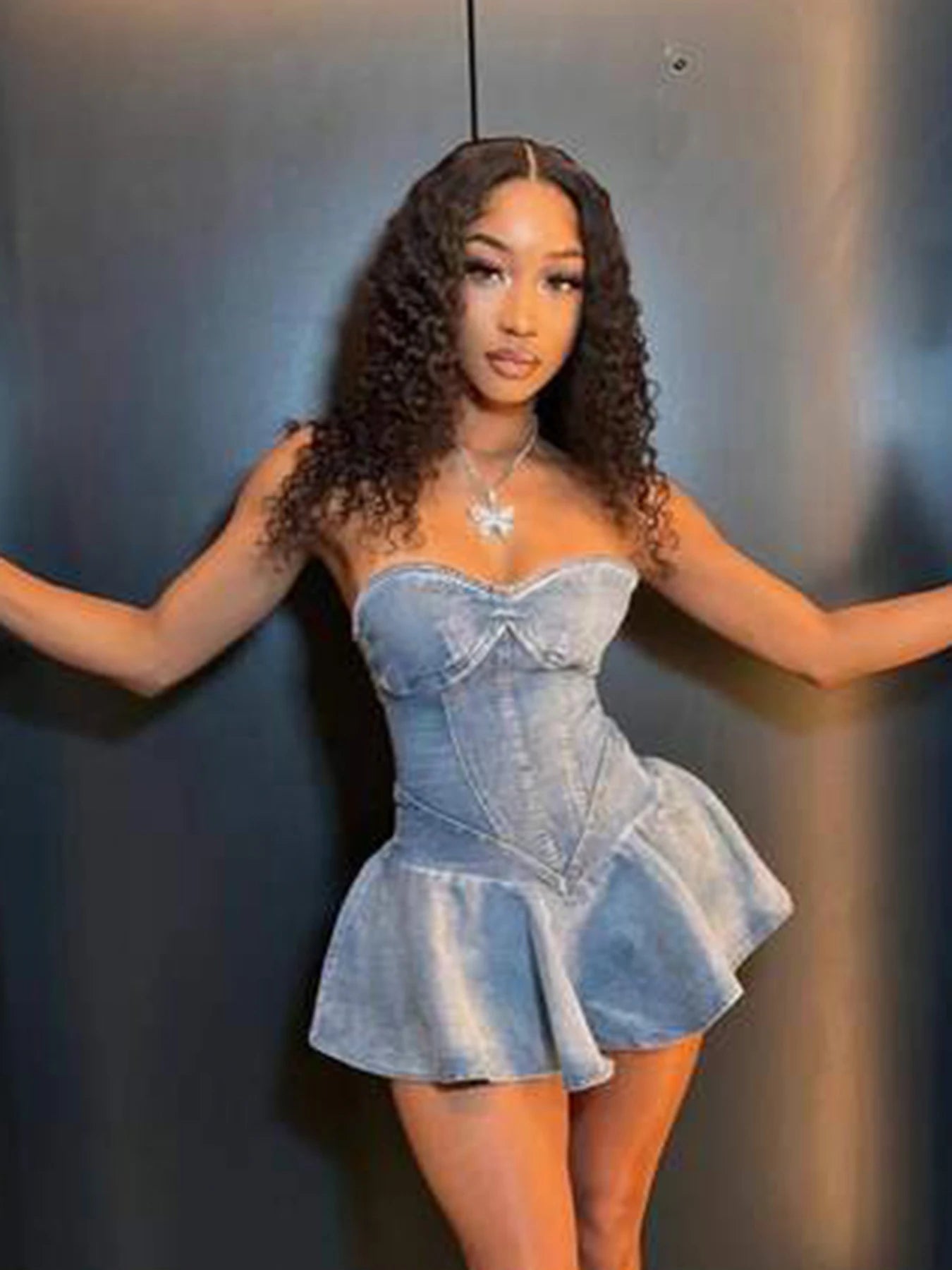 Denim Vintage Ruffled Strapless Aesthetic Stretch A-Line Mini Jean Dress