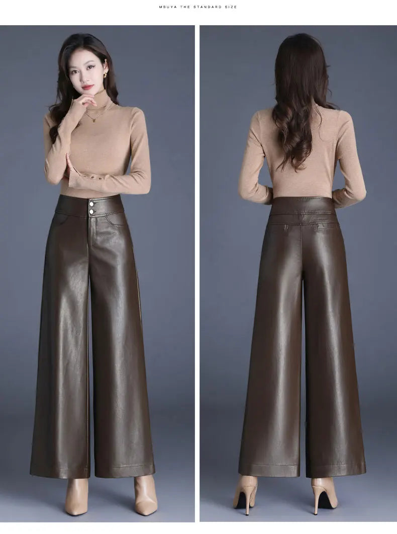 Designer Women's PU Leather Solid Color Wide Leg Pants