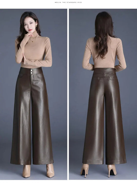 Designer Women's PU Leather Solid Color Wide Leg Pants