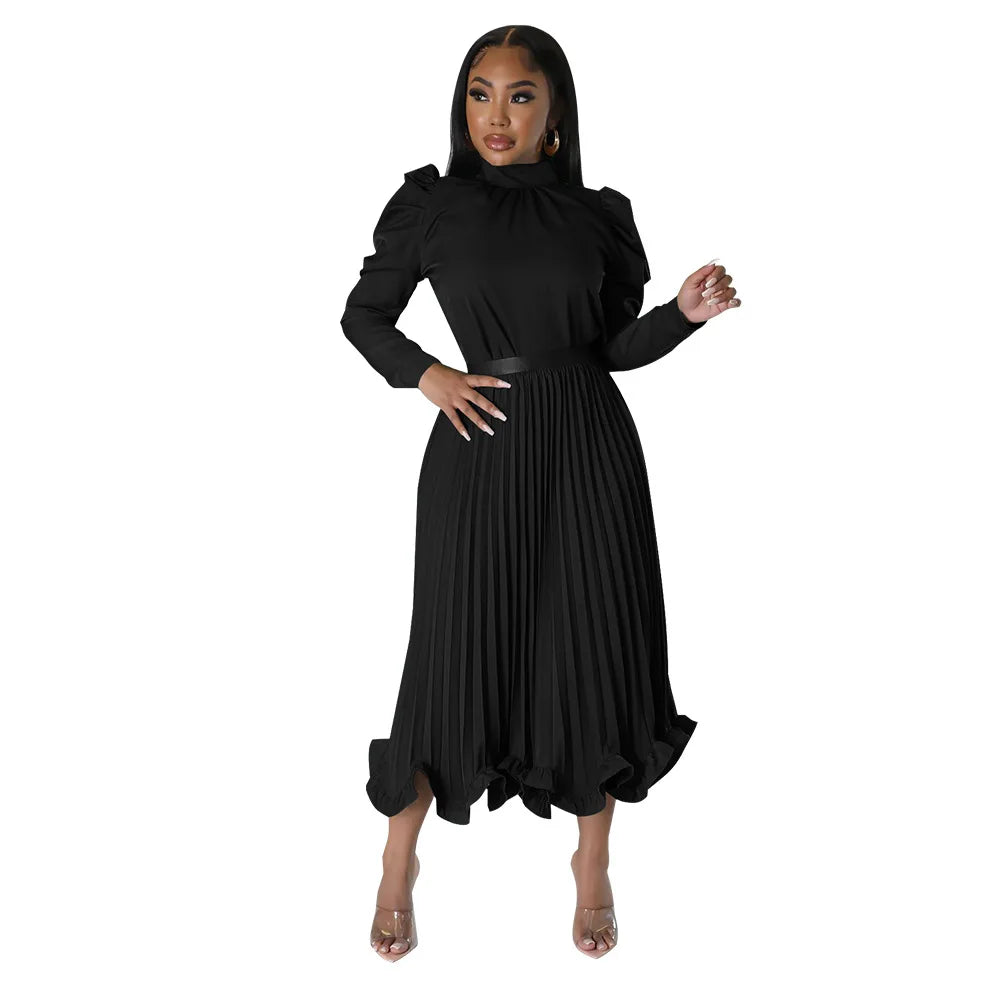 Women’s Solid Color O-Neck Lantern Sleeve Blouse + A-Line Flounce Formal Pleated Maxi Skirt w/ Sash Belt 2-Piece Set