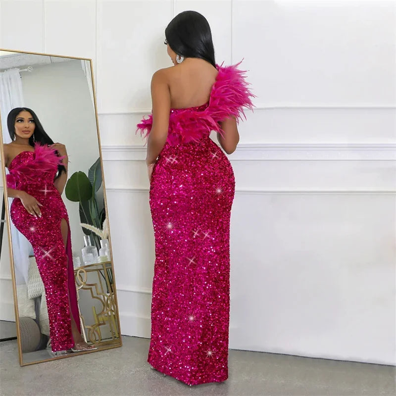 Feather Detail Sequin Glitter Sparkling Evening Gown Formal Party/Prom Maxi Dress