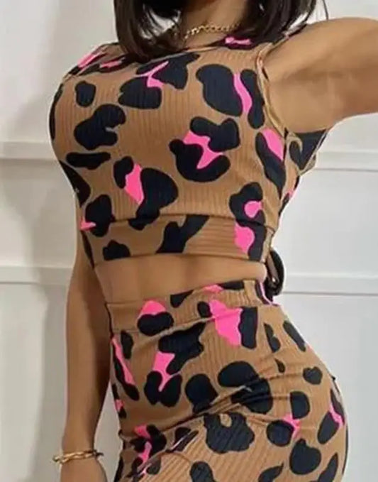 Pink/Black Leopard Printed Back Bow Detail Crop Tank Top & Skinny High Side Slit Midi Skirt 2-Piece Set