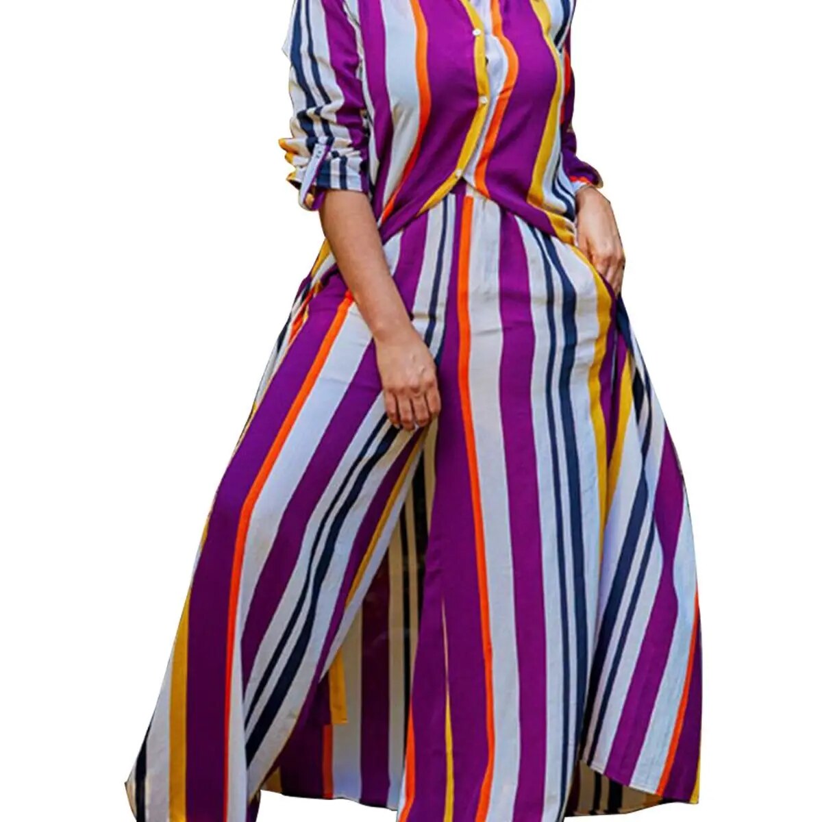 Striped Long Sleeve V-Neck Maxi Blouse + Matching Leggings 2-Piece Set to 5X