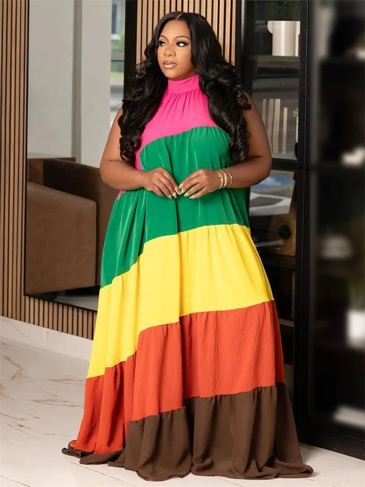 Ruffled Loose Oversized Colorblock Striped/Plaid/Flower Print Sleeveless O-Neck Bandage Maxi Dress to 5X Plus Size