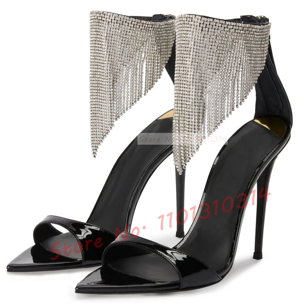 Crystal Tassel Pointed Toe Stiletto Sandals