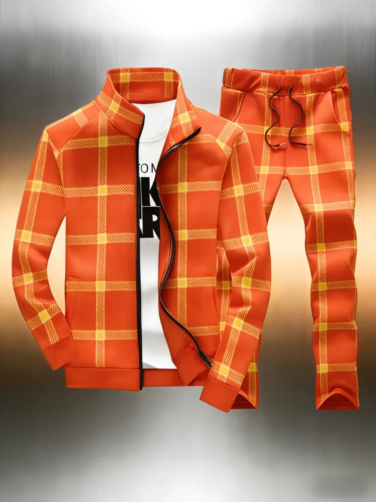 Men's Plaid Print Stand Collar Sports Zipper Jacket + Skinny Drawstring Jogger Sweatpants Tracksuit