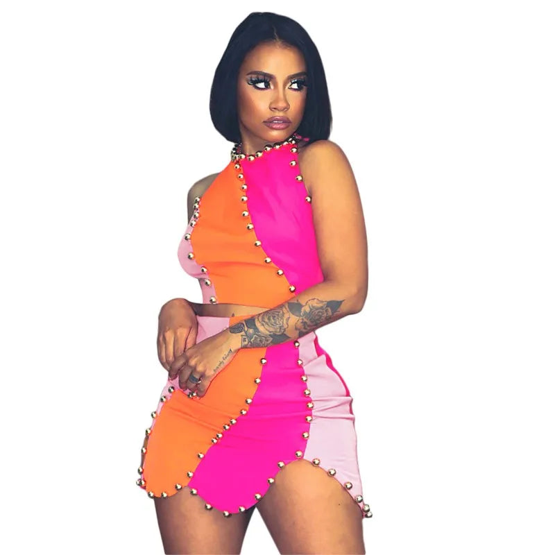 Stud Beaded Fuschia/Orange  Colorblock Irregular Sleeveless Crop Top + Mini Skirt 2-Piece Set