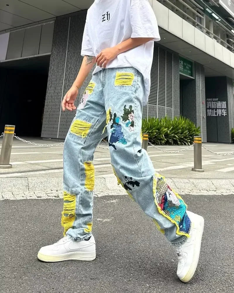 Streetwear Baggy Stacked Ripped Graphic Embroidered Hip Hop Jeans