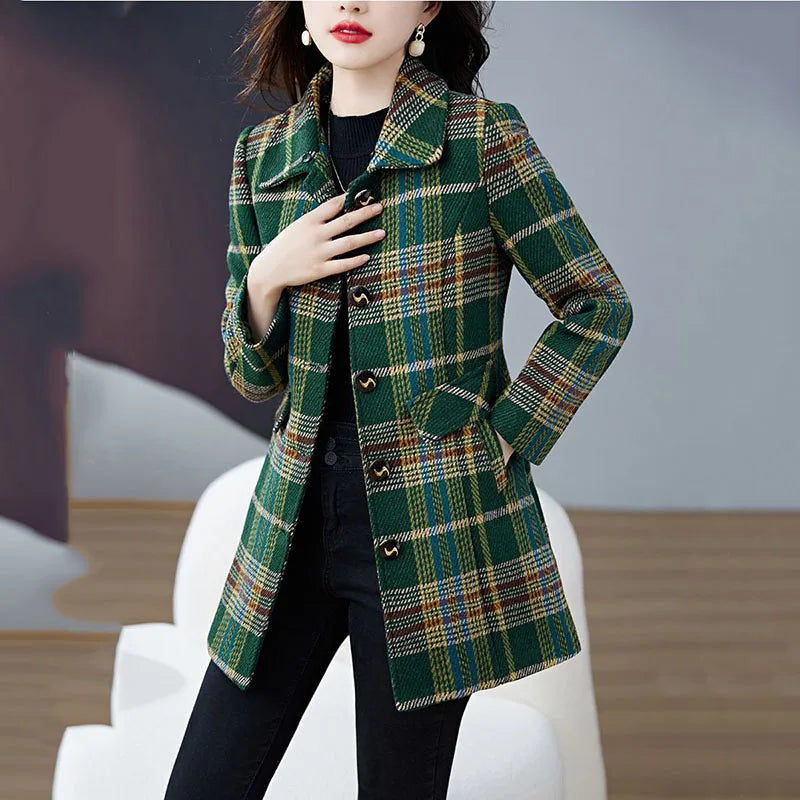 Plaid Wool Women's Temperament Fur Detachable Turn-Down Collar Button-Up Pea Coat to 5X Plus Size