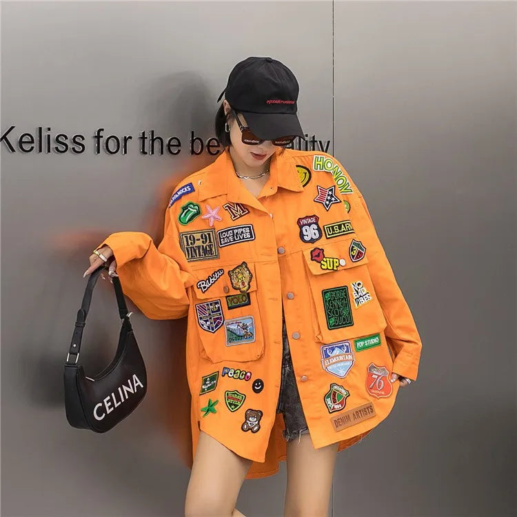 Denim Patch Design Turn-Down Collar Hip-Hop Embroidered Women's Streetwear Button-Up Jean Jacket
