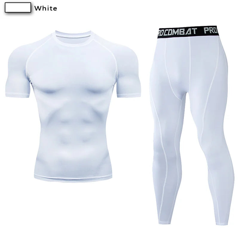 Men's Compression Gym Biking Shirt + Workout Leggings Fitness Athleseuire Set