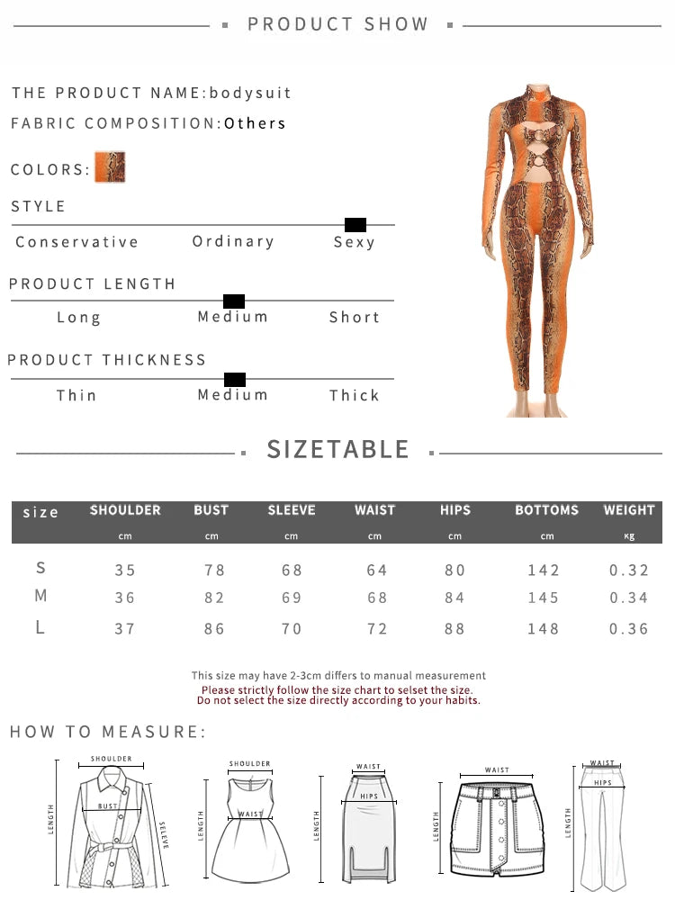 Serpentine Snake Print Hollow-Out Ring Design 1/2 Turtleneck Long Sleeve Skin Tight Women's Jumpsuit