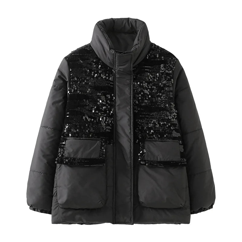 Sequin Solid Plus Size Women's Quilted Jacket to 5X