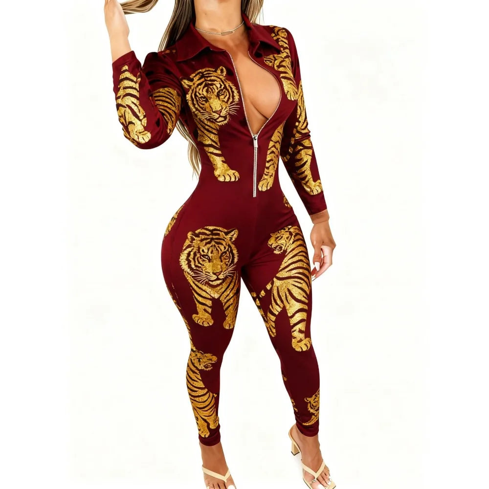 Tiger/American Flag 4th of July/Polka Dot/African/Striped V-Neck Zipper Front Turn-Down Collar Skin Tight Women's Jumpsuit