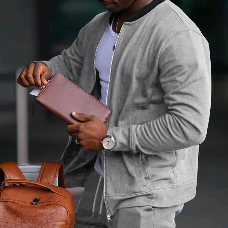 Men's O-Neck Colorblock Bomber Sweat Jacket + Drawstring Jogger Sweatpants Tracksuit