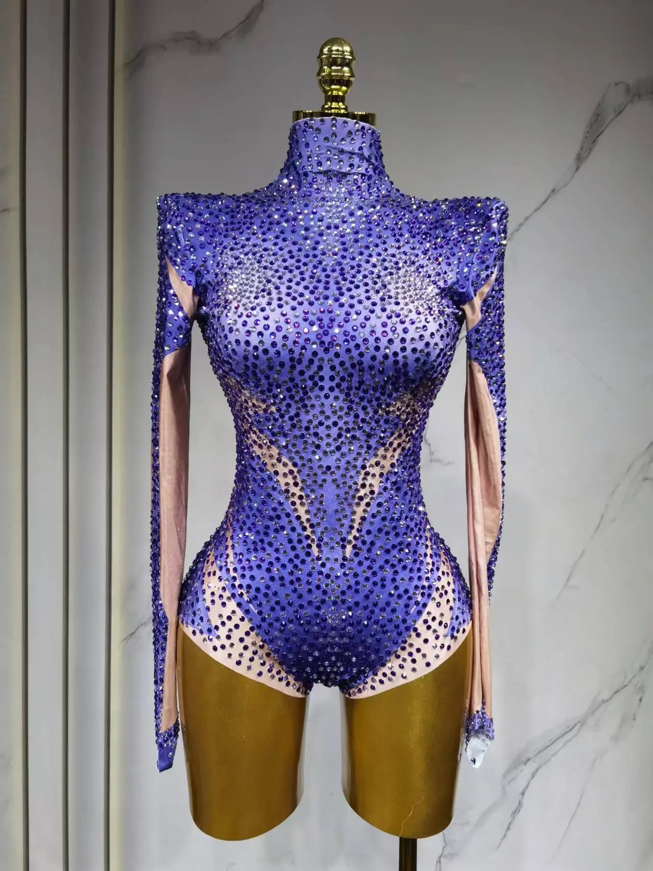 Sparkling Rhinestone Hollow-Out Long Sleeve Stage Formal Stage Performance Skin Tight Bodysuit
